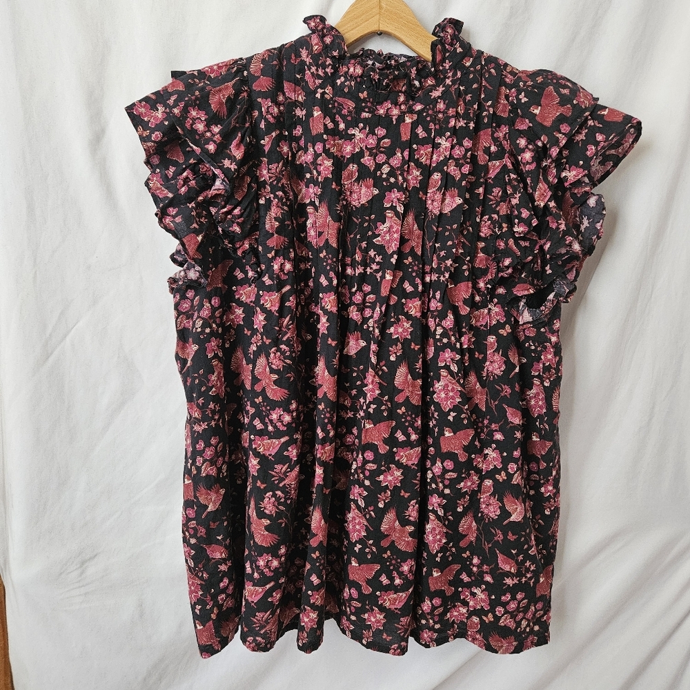 Victoria Dunn Floral Ruffle Blouse in Black and Pink